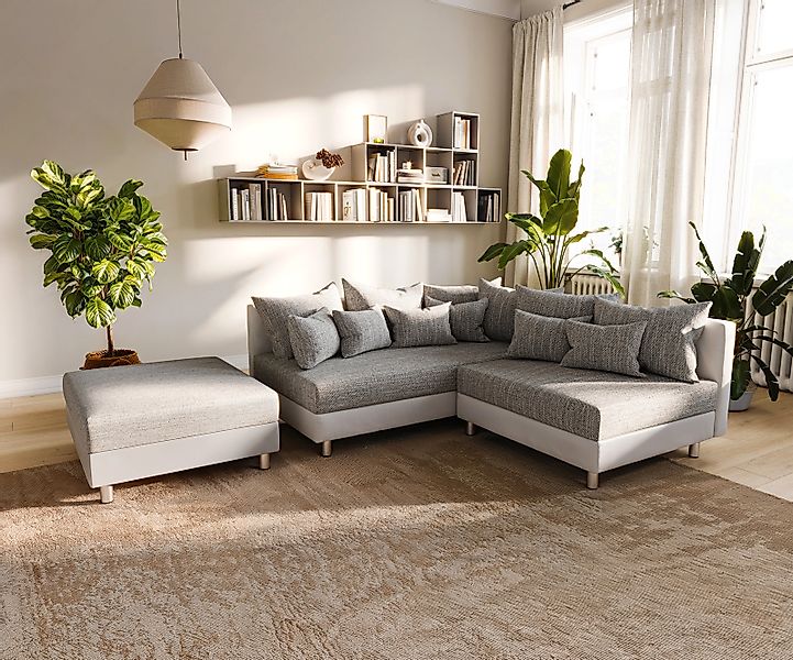 Ecksofa Clovis Weiss Hellgrau Modulsofa Hocker Ottomane Links günstig online kaufen