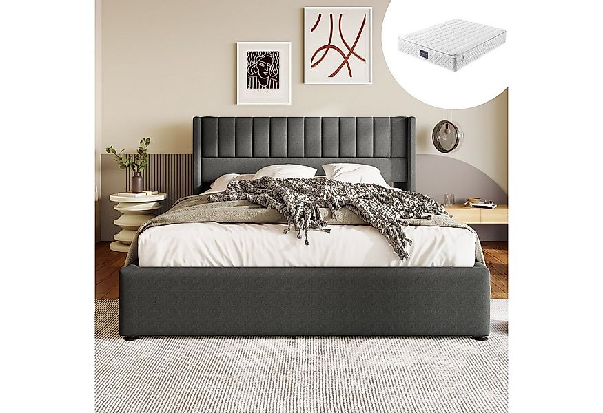 Gotagee Polsterbett Doppelbett mit Stauraum+Lattenrost Leinen Beige/Grau fl günstig online kaufen