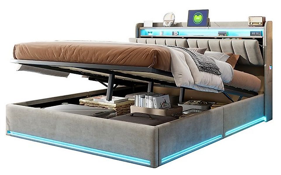 FUROKOY Polsterbett Doppelbett Stauraumbett mit Hydraulisch anhebbarer Kuns günstig online kaufen