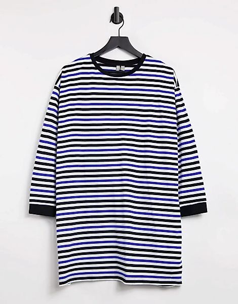 ASOS DESIGN – Langärmliges Oversize-Shirtkleid in Blau, Schwarz und Weiß ge günstig online kaufen