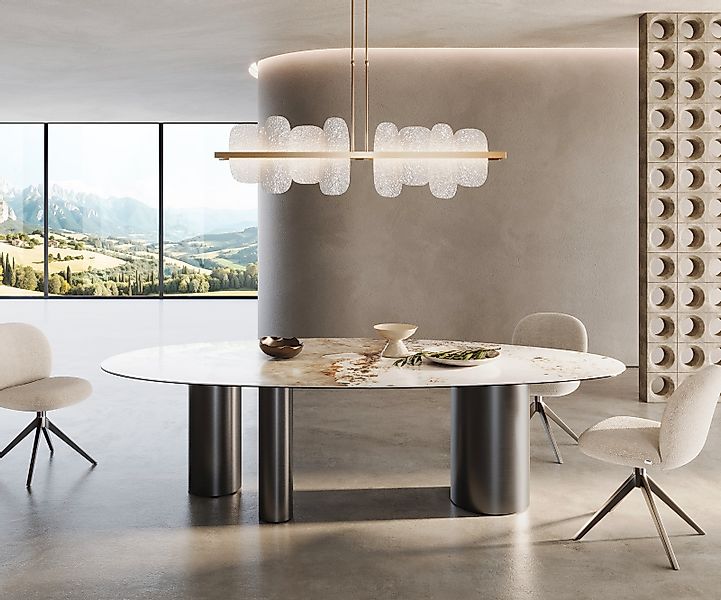 Esstisch Edge Oval 280x130 Keramik Minas Melange Weiß-Beige Troa Edelstahl günstig online kaufen