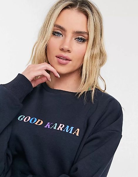 Chelsea Peers – Sweatshirt mit „Good Karma”-Print in dunklem Marineblau günstig online kaufen