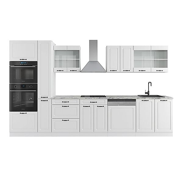 Vicco R-Line Küchenzeile Weiß Landhaus/Weiß 350 cm mit HochschrankAP Marmor günstig online kaufen