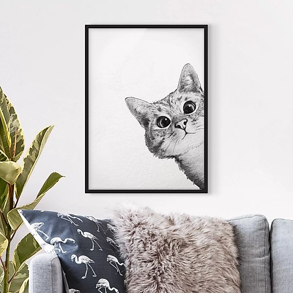 Bild mit Rahmen Tiere - Hochformat Illustration Katze Zeichnung Schwarz Wei günstig online kaufen