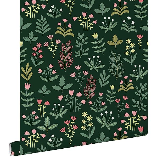 ESTAhome Tapete Feldblumen Dunkelgrün und Rosa 50 x 900 cm günstig online kaufen