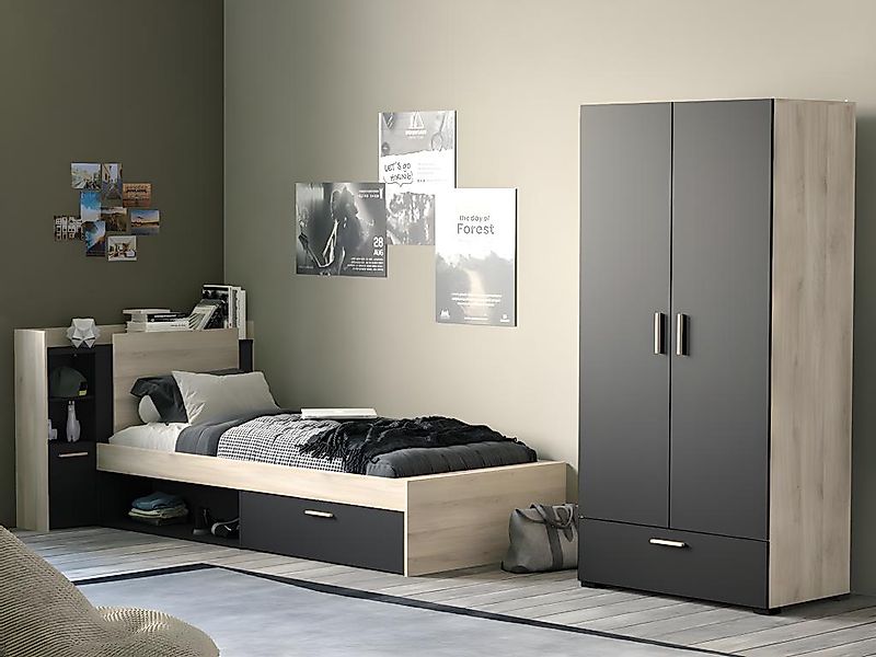 Bett mit Stauraum + Lattenrost - 90 x 190/200 cm - Schwarz & Holzfarben - M günstig online kaufen