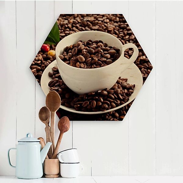 Hexagon-Holzbild Küche Kaffeetasse mit gerösteten Kaffeebohnen günstig online kaufen
