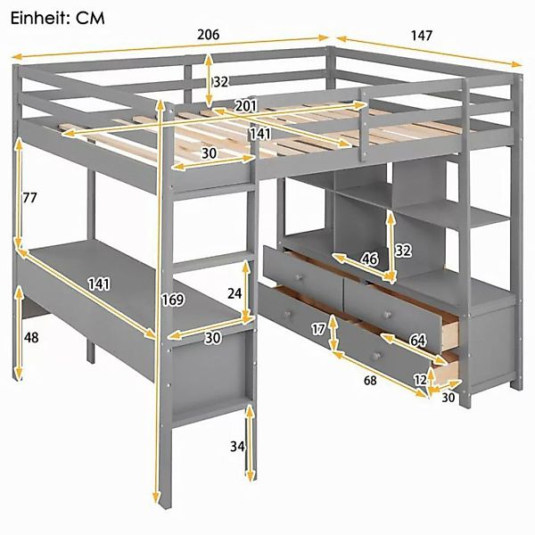 Flieks Hochbett Kiefer Kinderbett mit Schreibtisch & Stauraumregal 140x200c günstig online kaufen