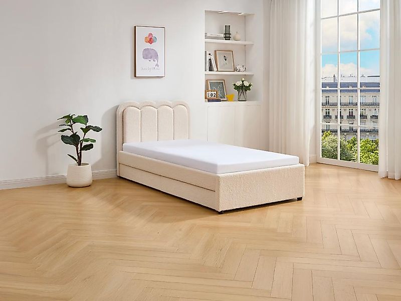 Bett 90 x 190 cm mit 2 Schubladen - Mit LEDs - Bouclé-Stoff - Creme - NESTI günstig online kaufen