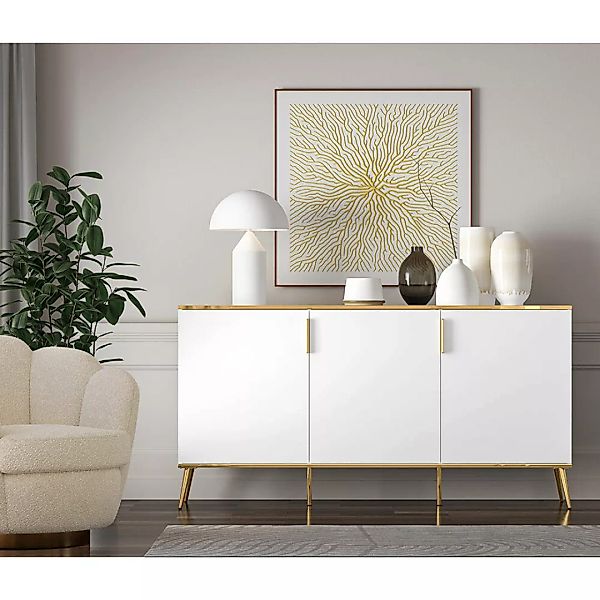 Sideboard 3-türig in weiß mit goldfarbenen Akzenten, VLORA-131 günstig online kaufen