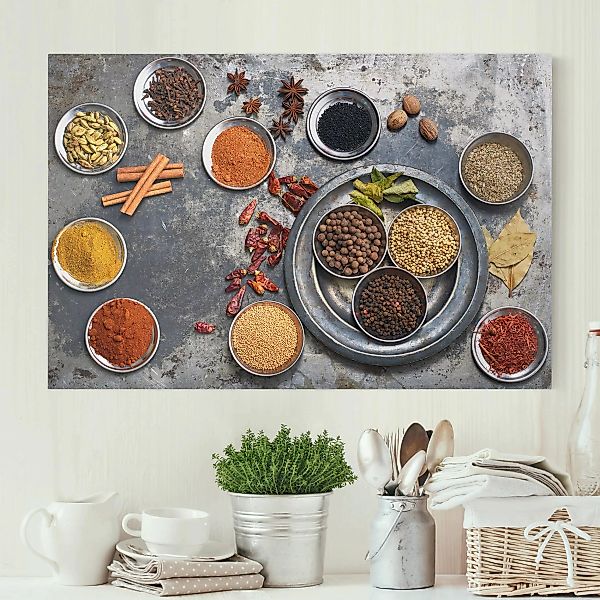 Leinwandbild Küche - Querformat Shabby Gewürzplatte günstig online kaufen