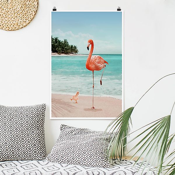 Poster - Hochformat Strand mit Flamingo günstig online kaufen