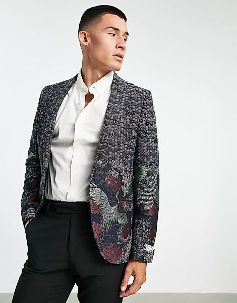 Twisted Tailor – Anzugjacke aus Jacquard in Navy mit Kranich- und Blumenmot günstig online kaufen