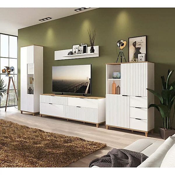 Wohnzimmer TV Wohnwand PLYMOUTH-129 in weiß mit Eiche Nb., B/H/T: ca. 370/2 günstig online kaufen