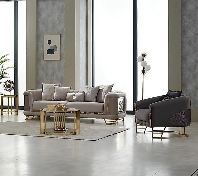 JVmoebel Sofa Polstersofa Couchgarnitur Dreisitzer Sessel Beige Couch Stoff günstig online kaufen