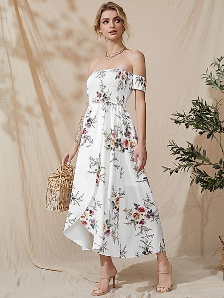 YOINS Off The Shoulder Blumendruck Shirring Kurzarm Maxi Kleid günstig online kaufen