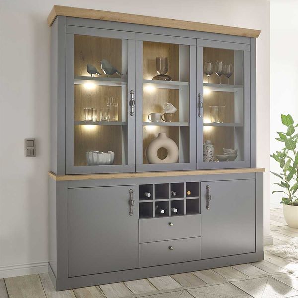 Landhausstil Buffet in Lichtgrau und Eichefarben Glastüren günstig online kaufen