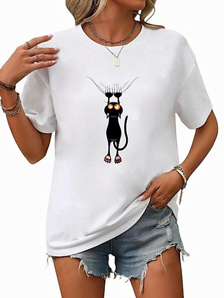 PYL Kurzarmshirt Damen Sommer Casual T-Shirt mit Schwarze Katze Print Tee günstig online kaufen