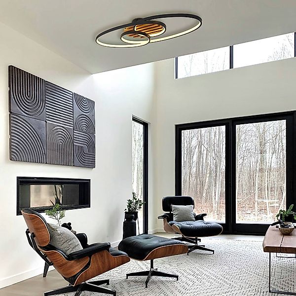 LED-Deckenleuchte Tisha I, schwarz matt/holz, Länge 85 cm günstig online kaufen