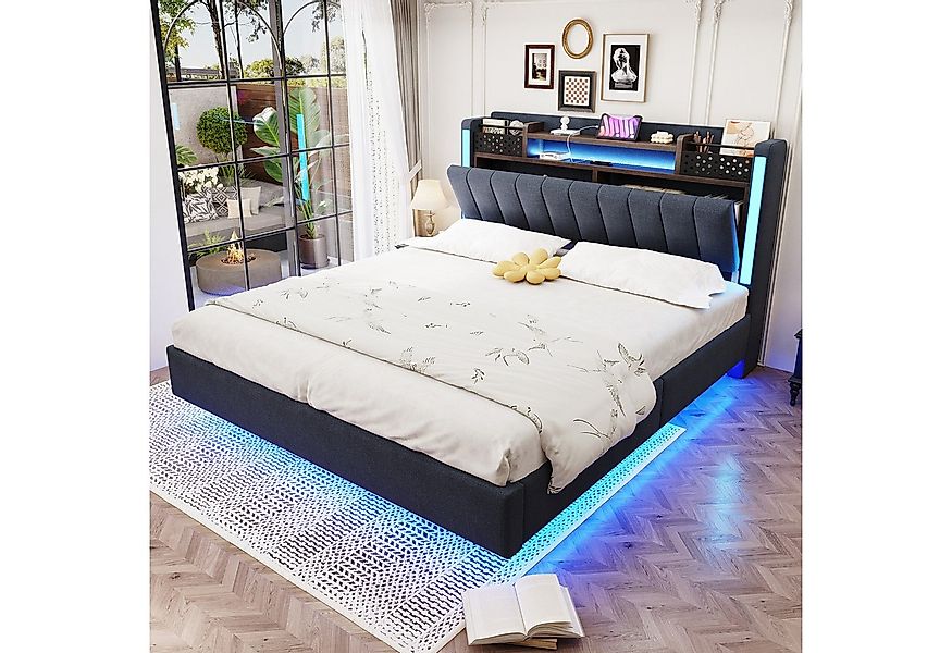 Flieks Polsterbett, LED Schwebebett Doppelbett 140x200cm mit USB-Aufladen u günstig online kaufen