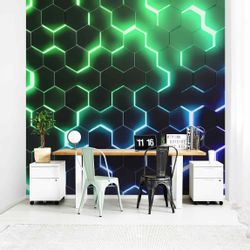 Bilderdepot24 Mustertapete Hexagone Neonlicht Grün 3D-Optik günstig online kaufen