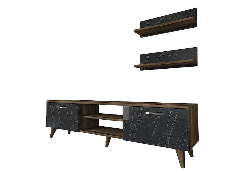 moebel17 Vitrine Wohnwand Ayden Walnuss Dunkelgrau (Marmor optik) günstig online kaufen