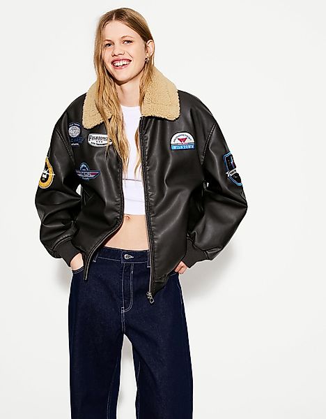 Bershka Doubleface-Jacke Aus Vinyl Damen L Schwarz günstig online kaufen