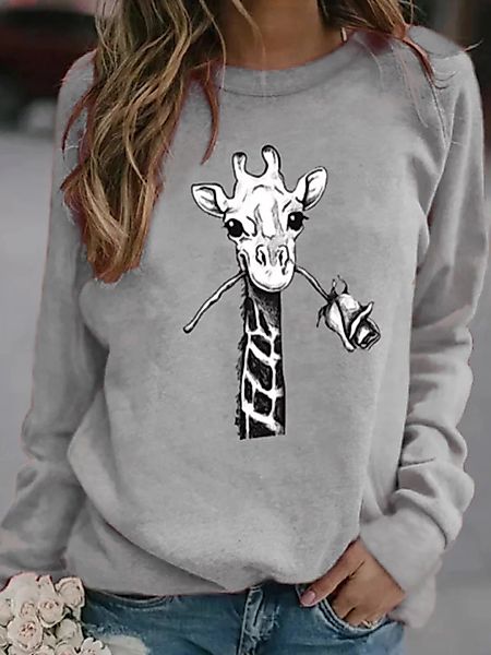 Giraffe Cartoon Print O-Ausschnitt Lässig Langarm Damen T-Shirt günstig online kaufen