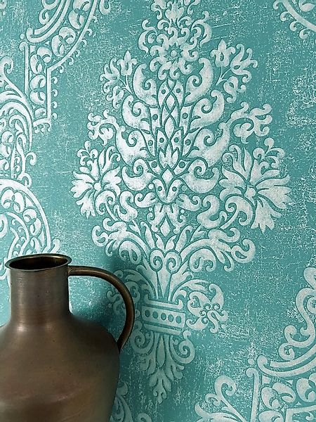 Newroom Vliestapete, Blau Tapete Barock Glitzer - Barocktapete Grün Türkis günstig online kaufen