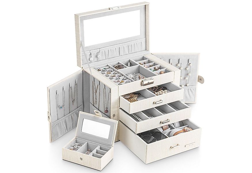 Yorbay Schmuckkasten Schmuckkoffer mit 4 Ebenen/2 Seitenfächern, Cremeweiß günstig online kaufen
