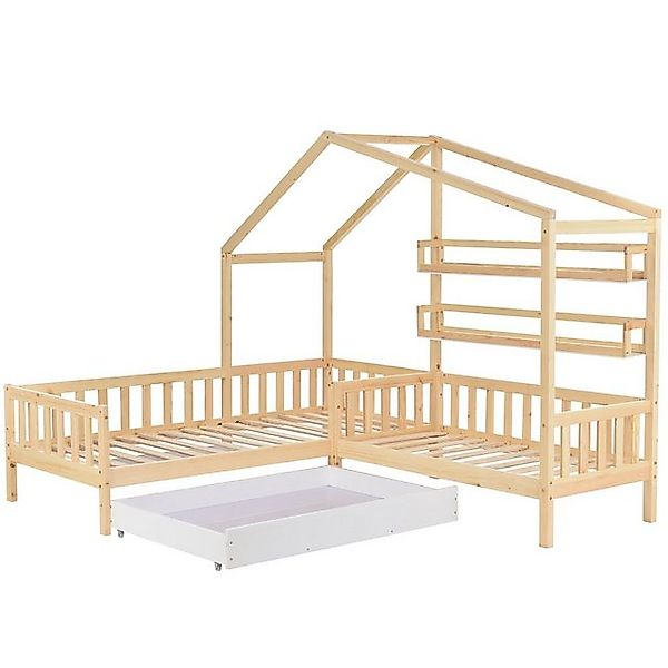 Gotagee Hausbett Kinderbett mit Schubladen Massivholz 90x200+140x70 cm Flac günstig online kaufen