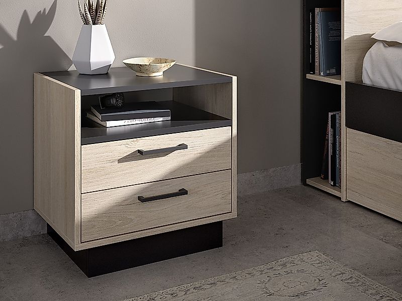 Nachttisch mit 2 Schubladen & 1 Ablage - Naturfarben & Anthrazit - LEANDRE günstig online kaufen