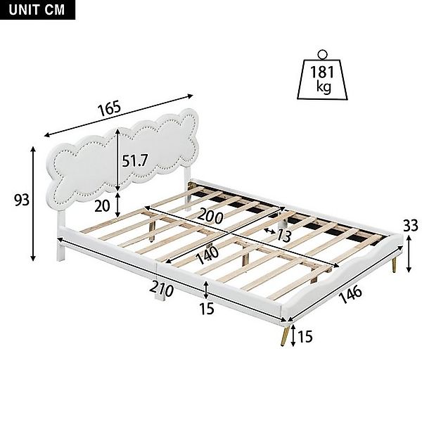 Flieks Polsterbett, Kunstleder Doppelbett Kinderbett 140x200cm mit Wolkenfo günstig online kaufen