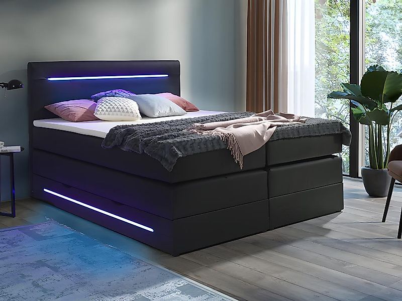 LED-Boxspringbett mit Kopfteil mit LEDs + Bettkasten + Matratzen +  Topper günstig online kaufen