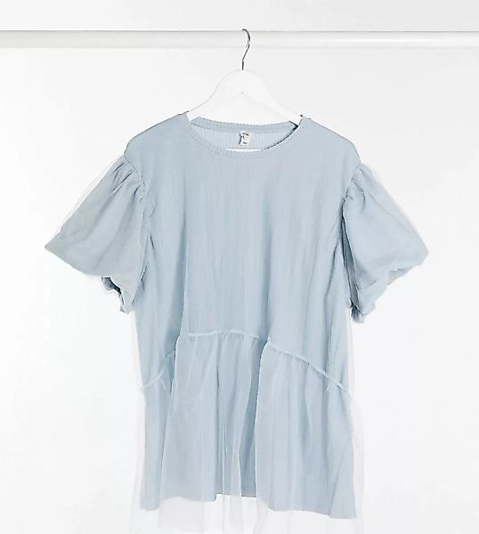 River Island Plus – Blaues T-Shirt mit Netzstofflage günstig online kaufen