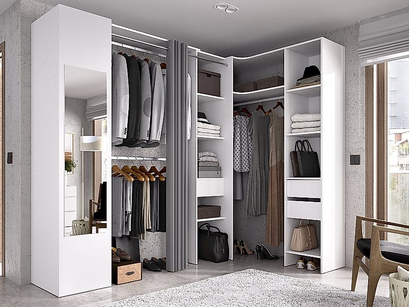 Eckkleiderschrank mit Vorhang & 1 Tür - Mit Spiegel - B 231 cm - Weiß & Gra günstig online kaufen