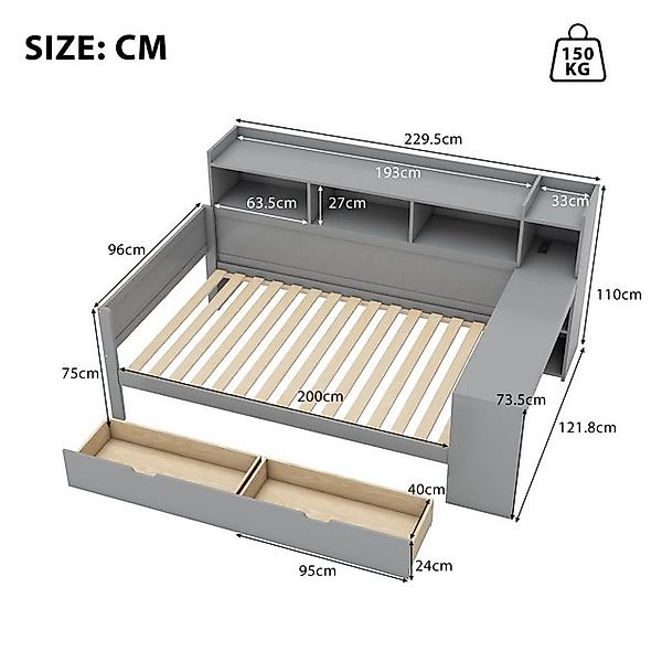 Flieks Kinderbett, Daybett 90x200cm mit Aufladenfunktion, 2 Schubladen und günstig online kaufen