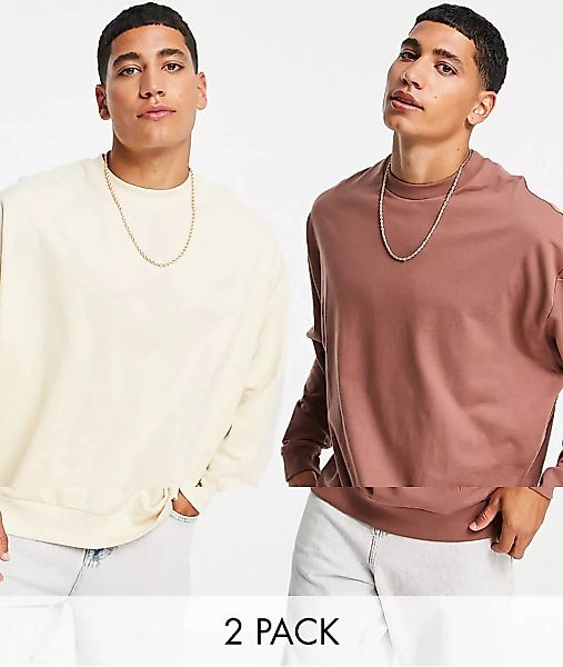 ASOS DESIGN – 2er-Pack leichte Oversize-Sweatshirts in Braun/Beige-Mehrfarb günstig online kaufen
