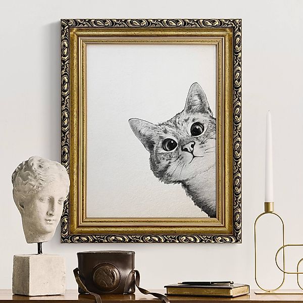 Gerahmtes Leinwandbild Illustration Katze Zeichnung Schwarz Weiß günstig online kaufen