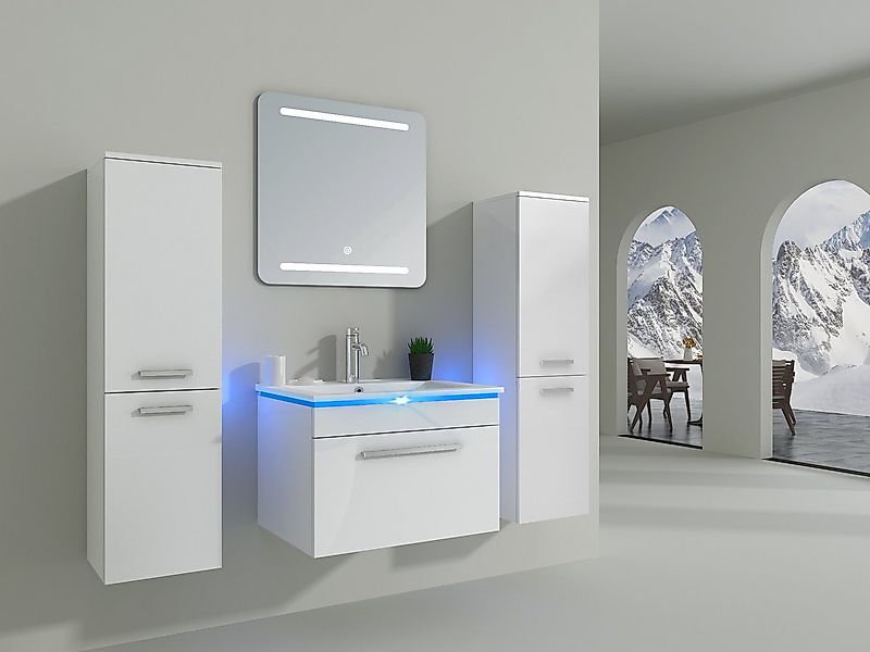 Faizee Home Badmöbel-Set Moderne Badmöbel in Hochglanz Weiß – LED-Spiegel & günstig online kaufen