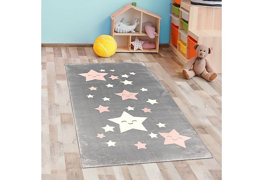 Carpetia Kinderteppich Teppich Mädchen Sterne flauschig in anthrazit, rosa günstig online kaufen