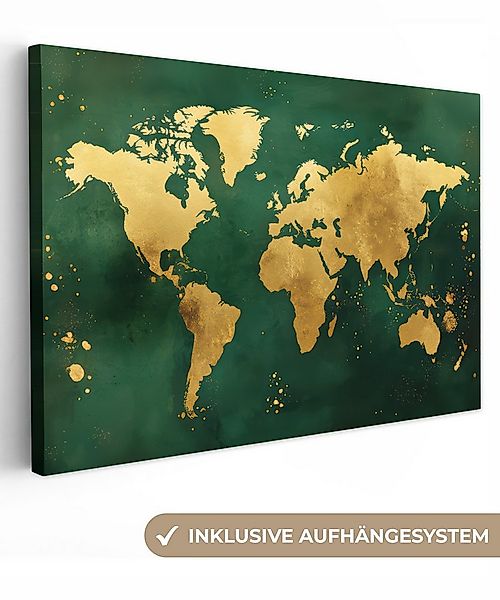 OneMillionCanvasses® Leinwandbild Weltkarte - Grün - Gold, Fotodruck (1 St) günstig online kaufen