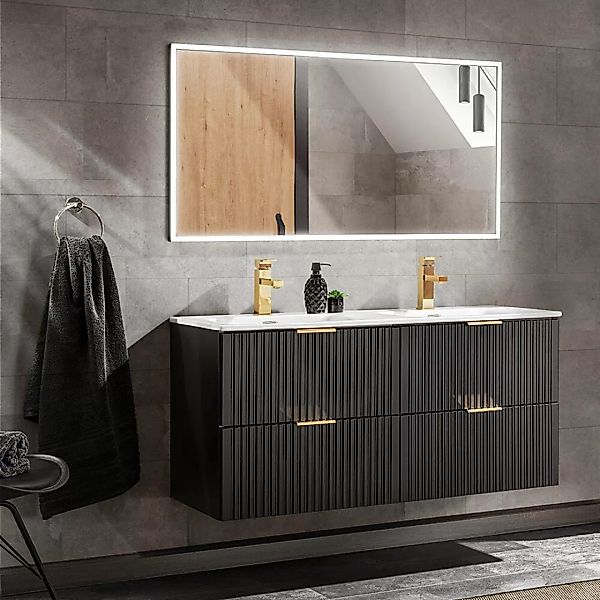 Badezimmermöbel Set, matt schwarz Rillenoptik, 120cm Waschtisch mit Untersc günstig online kaufen