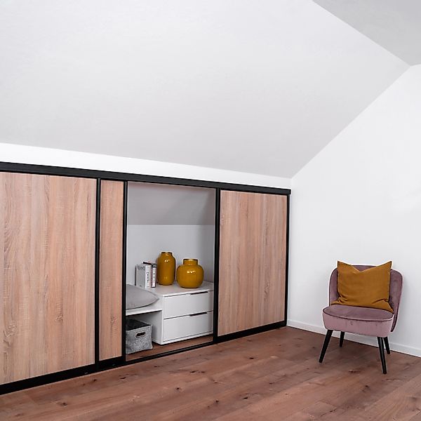 Schiebetür-Bau-Set Kniestock Profil Schwarz Dekor Eiche Geplankt 1022 x 140 günstig online kaufen