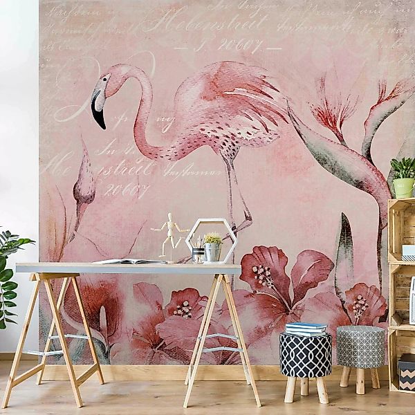 Fototapete Shabby Chic Collage - Flamingo günstig online kaufen