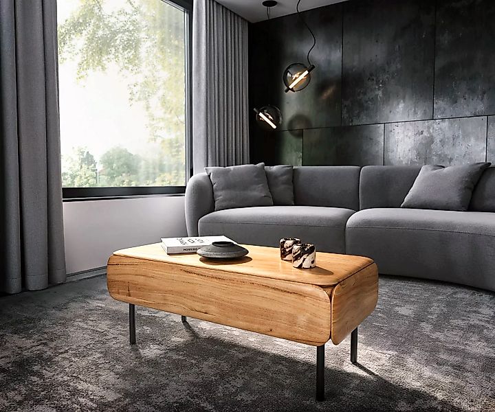 Couchtisch Shavani 100x50 cm Akazie Natur 2 Schubladen Metall Schwarz günstig online kaufen