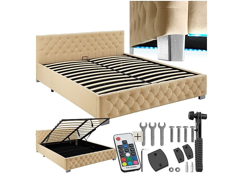 tectake Polsterbett Komfortbett mit LED-Leisten & Stauraum - Samtoptik mit günstig online kaufen