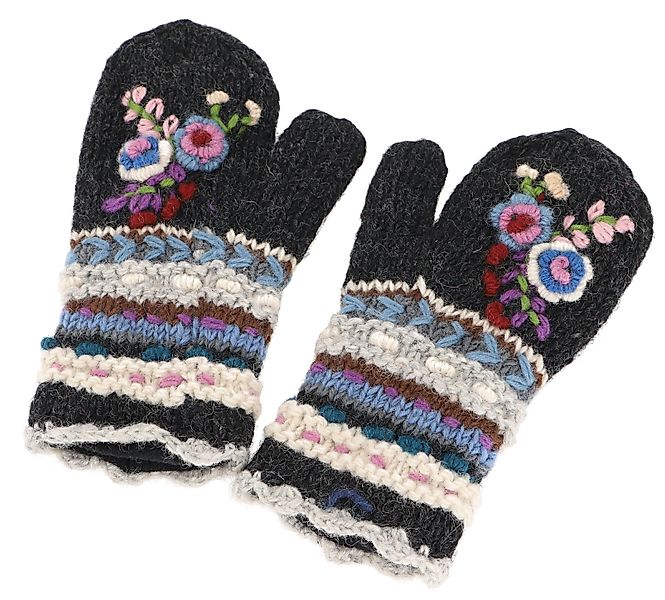 Guru-Shop Strickhandschuhe Wollhandschuhe mit Blümchenstickerei, Boho.. günstig online kaufen