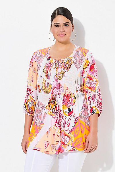 Ulla Popken Tunika Smok-Bluse Patchdruck A-Linie Rundhals 3/4-Arm günstig online kaufen
