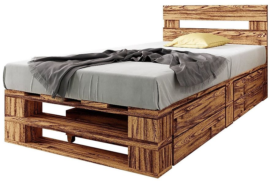 sunnypillow Palettenbett M2 aus Holz mit Kopfteil und 2 Bettkästen, 120 x 2 günstig online kaufen